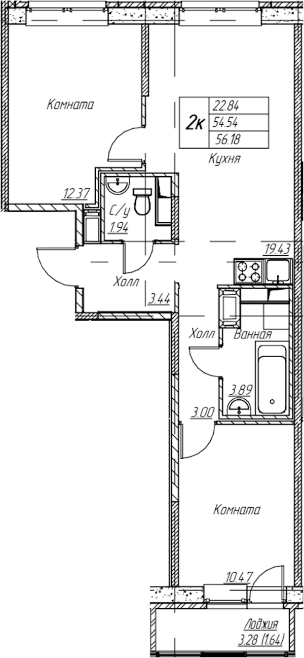 2-комнатная квартира 56.18 м², 19/22 эт., ЖК «Парк-квартал Юнтолово»